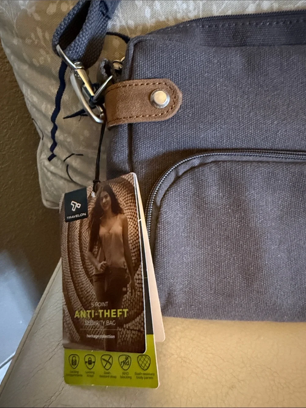 Travelon Anti-Theft Heritage Brown Gray Canvas Crossbody Messenger Bag